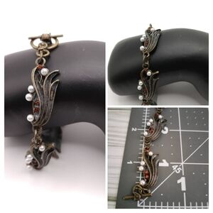 Antique Brass Gunsmith Faux Pearls Orange Rhinestones Accents Bracelet